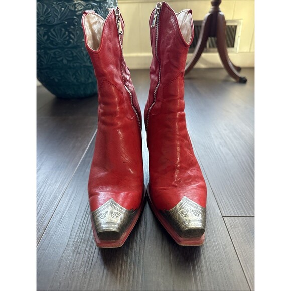 Free People Brayden Red Italian Leather Square Toe Western Cowboy Boots Size 37 - Picture 2 of 5